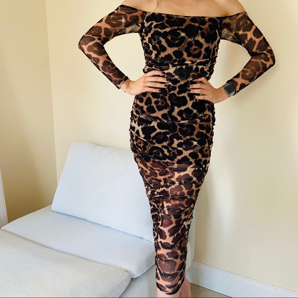 Missguided Dresses & Skirts - Missguided brown leopard mesh bardot midaxi dress